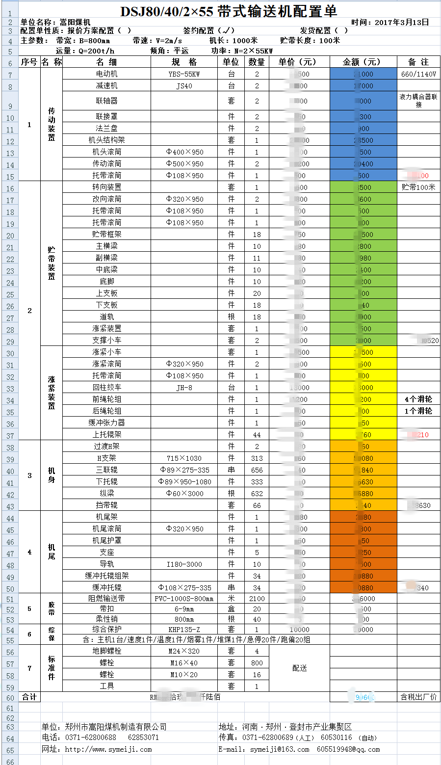 嵩陽煤機帶式輸送機報價單(絕密)